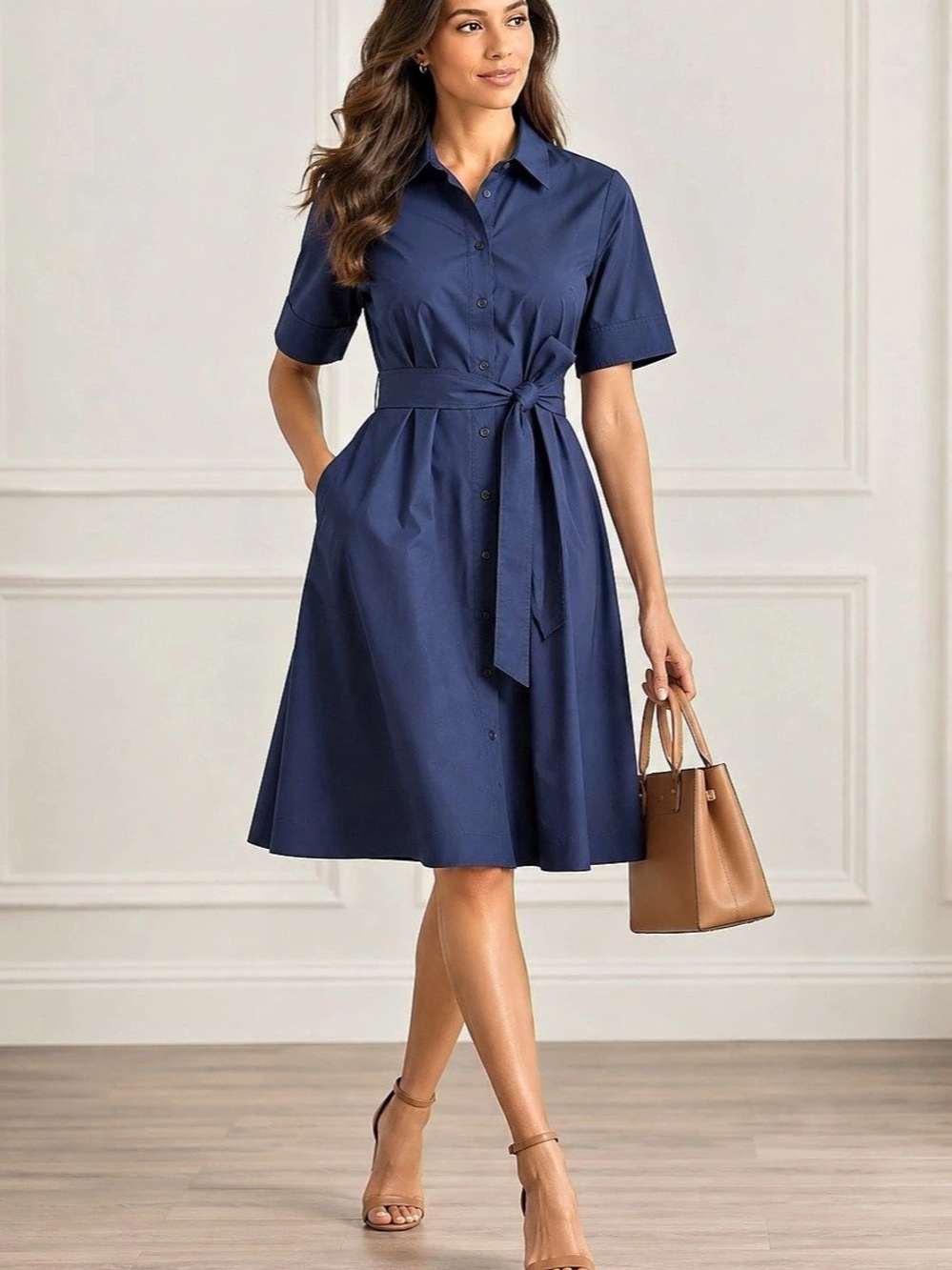 Lauren Ralph Lauren Belted Fit & Flare Cotton Blend Shirt Dress Navy Size 12 NWT